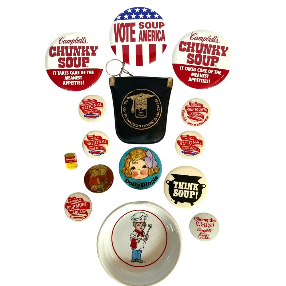 Campbells Soup Vintage Buttons Pin Ashtray Dolly Dingle RARE! 1 of a KIND!